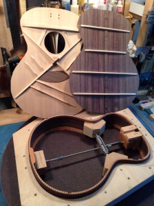 Top, back and sides ready to be assembled in this East Indian Rosewood Guitar by Jay Rosenblatt